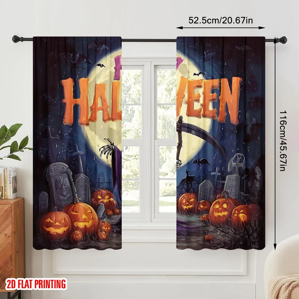 2pcs,2D plane printing Curtains&Window Treatment Halloween Frightfest 2D Flat Versatile 100% Polyester (without rod) Outdoor