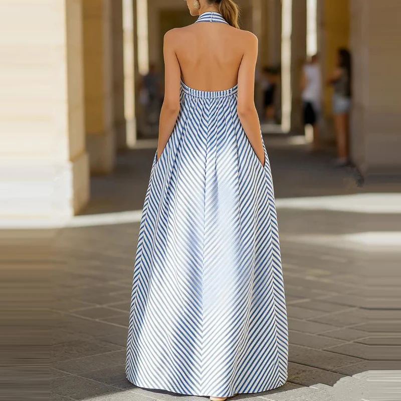 

Летнее платье макси с открытыми плечами, плиссировкой и карманами, свободного кроя, для пляжного отдыха, модное, с полосатым принтом, на бретелях через шею