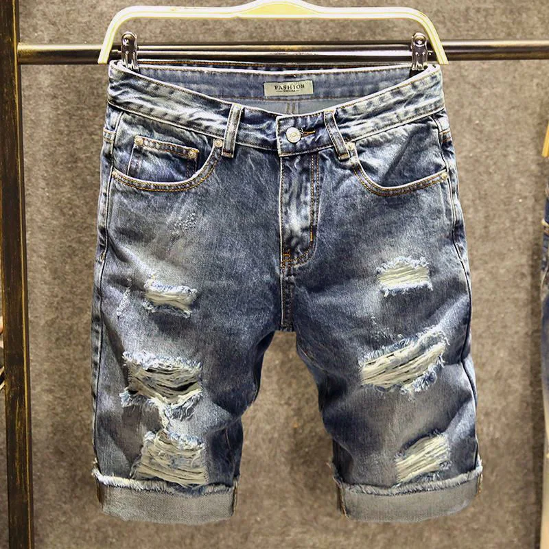 2024 Summer New Fashion Solid Color Ripped Stretch Denim Shorts Men\'s Casual Slim Comfort High Quality Plus Size Shorts 28-36