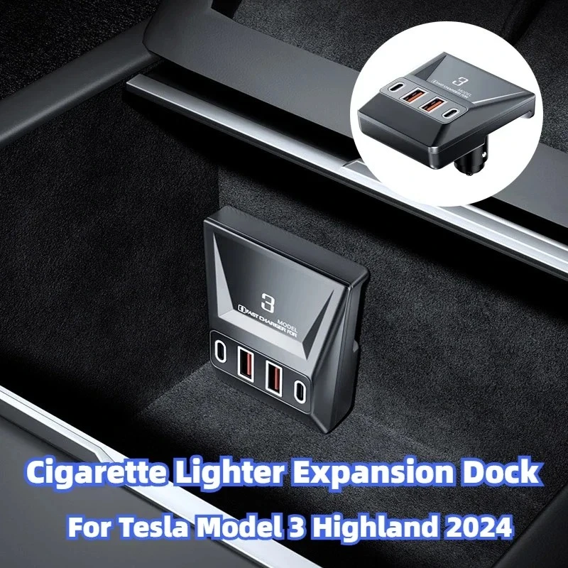 For Tesla Model 3 Highland 2024 90W Fast Charging Expansion Dock Central Bottom Hide Cigarette Lighter Charger Car Accessories