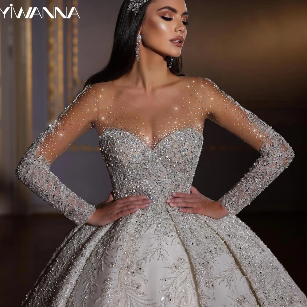 

Exquisite Sequined Beads Wedding Dress Illusion O-neck Long Sleeve Bridal Gown 2025 Customized Ball Gowns Dresses For Bride