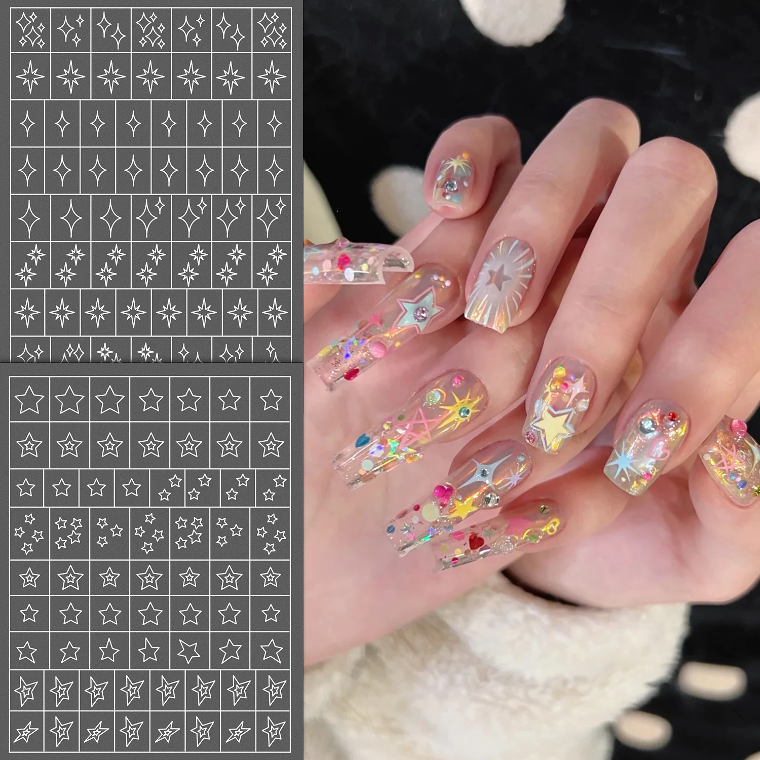 1 Blatt Airbrush Nail Art Schablonen, Aufkleber, hohle Sterne, Herzen, Schleifen, französische Nagelspitzen, Nagelschablonen, Abziehbilder, DIY-Maniküre-Dekorationswerkzeuge – Detail 6