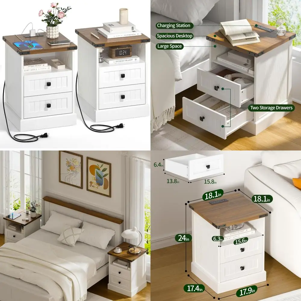 

Pair of Wooden Nightstands for Bedroom with Charging Station and Metal Corner Design, 2-Drawer Side Tables for Living