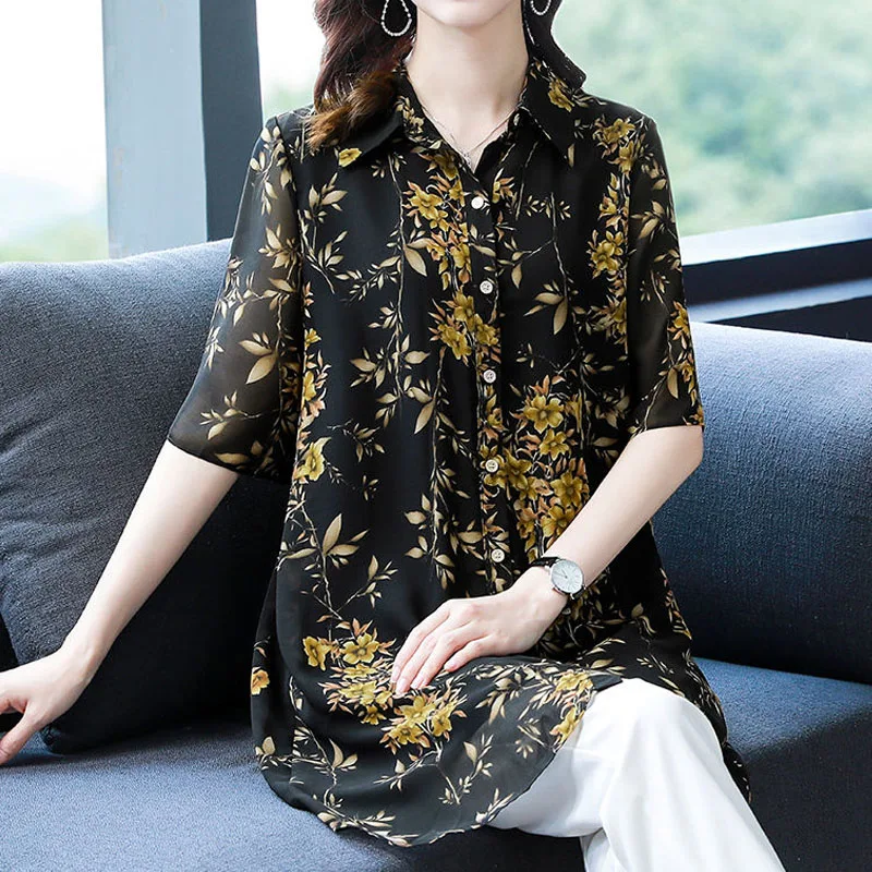 Casual All-match Female Printed Chiffon Shirt Summer New Women\'s Clothing Loose Fashion Single-breasted Turn-down Collar Blouse