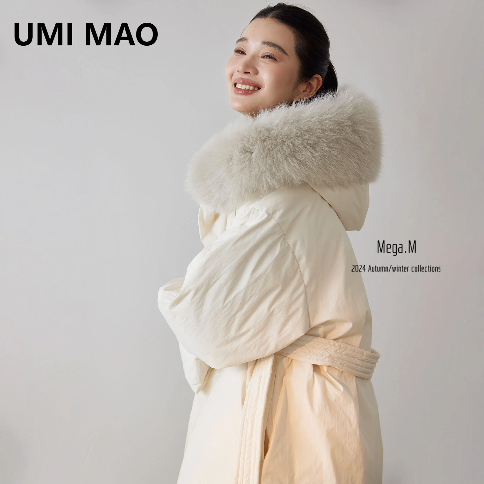 UMI MAO Minimalist French Style Fur Collar Hooded Waist Cinching Gentle Ultra Thick Down Jacket Fashionable Niche Jacket