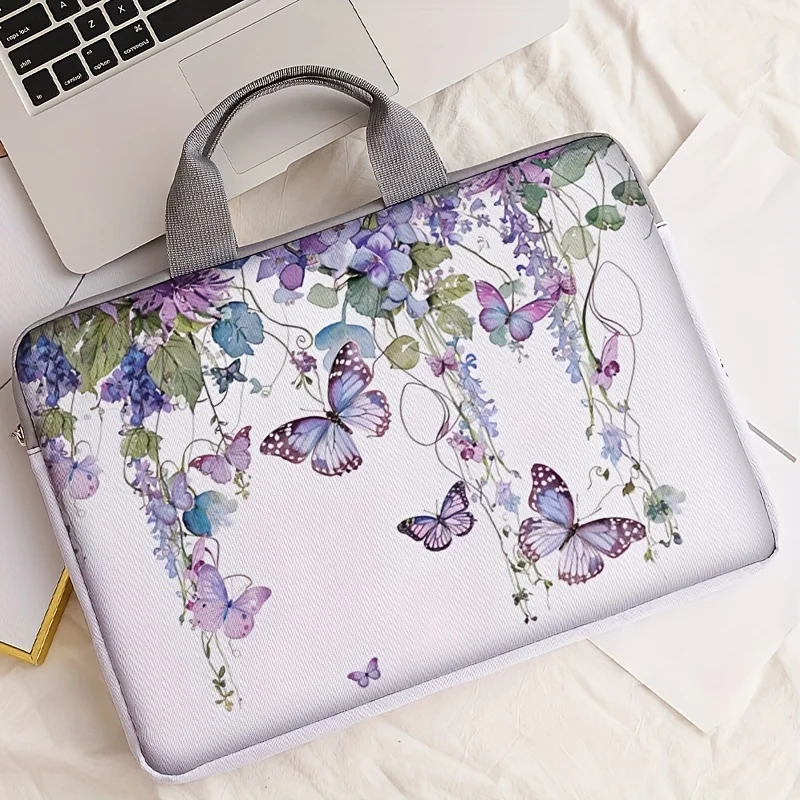 One piece set, two styles, purple butterfly pattern laptop bag and briefcase, suitable for 14 inch laptops