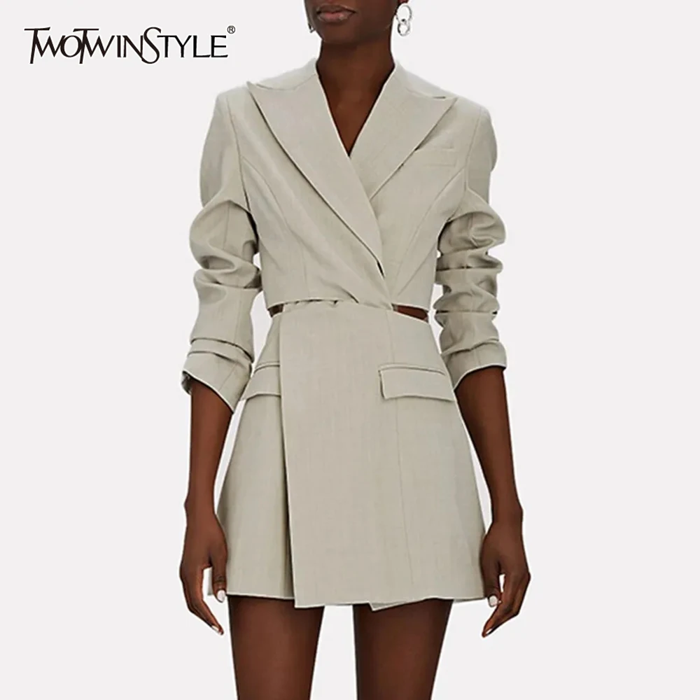TWOTWINSTYLE Solid Hollow Out Blazer For Women Notched Collar Long Sleeve Spliced Pocket Designer Blazers Female Fashion Style