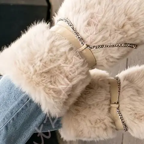 Fur Fluffy Knee High Boots Pointed Toe Stiletto Metal Chain Decor Slip-On Warm Winter Party Fashion Women Shoes Fashion Elegant