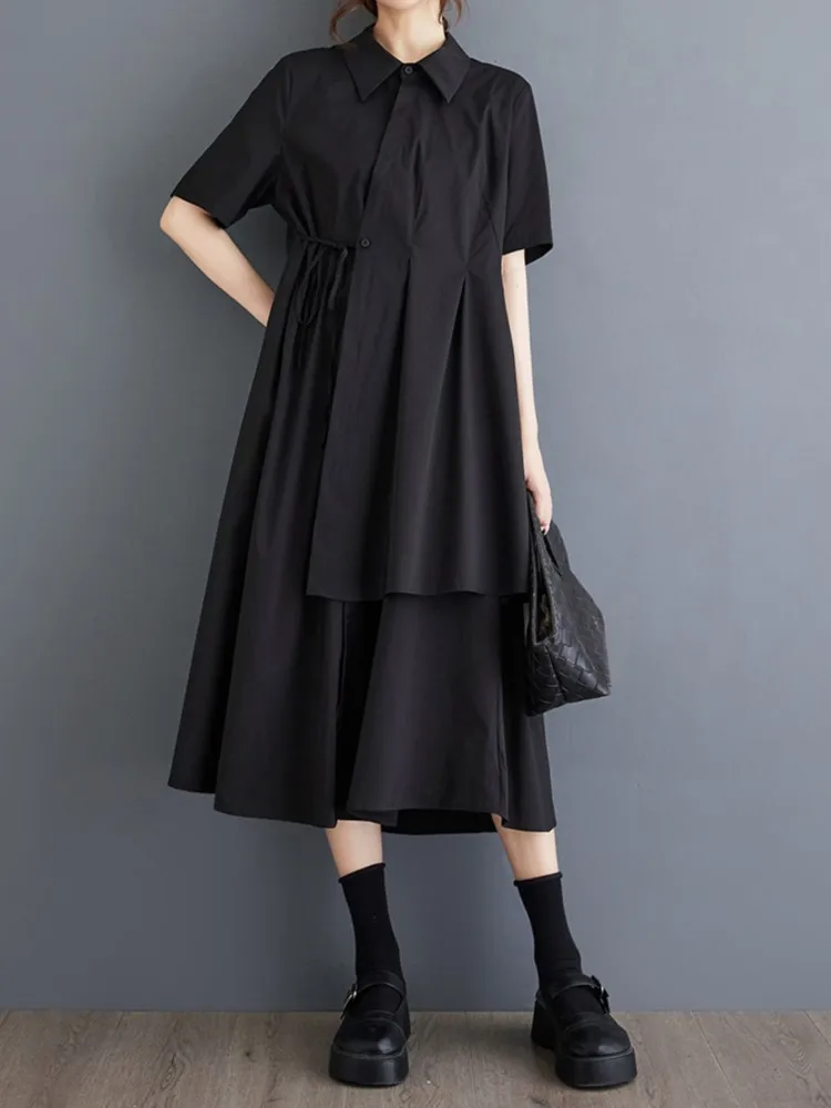 Oversized Summer Midi Shirt Dress Women Irregular Patchwork Fashion Loose Pleated Ladies Dresses Short Sleeve Casual Woman Dress