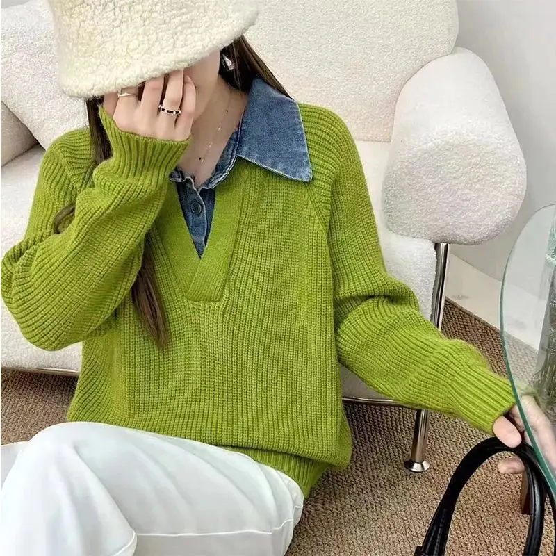 Autumn and Winter Patchwork Polo Collar Fake Two Piece Knitted Sweater Women Clothing Long Sleeve Top Pullovers Korean Fashion