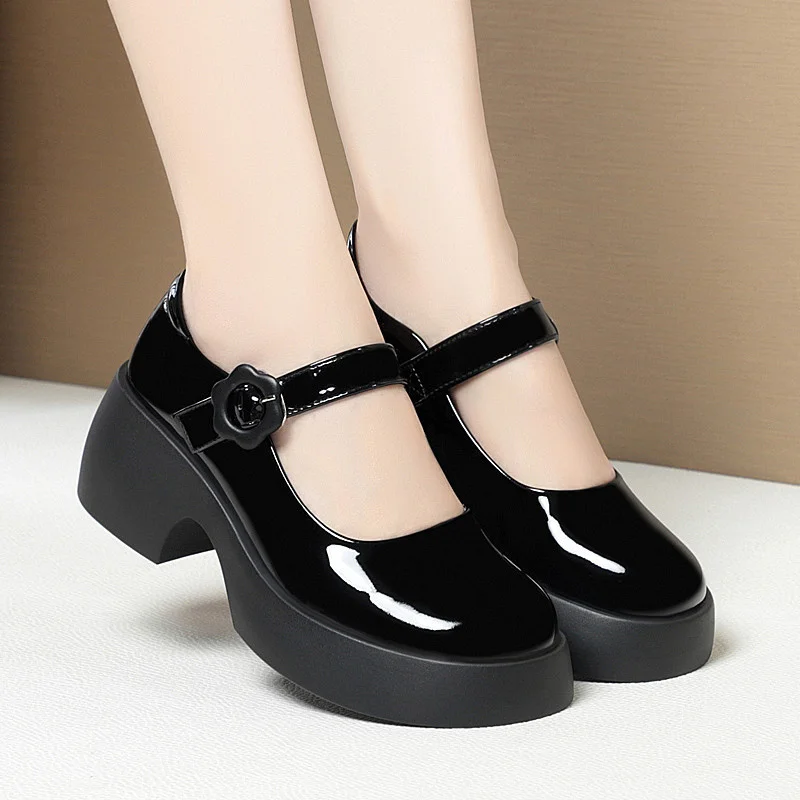 Women's Buckle Platform Pumps Round Toe High Heel Mary Jane Shoes 2024 New Elegant Anti-slip Black Soft Leather Single Shoes