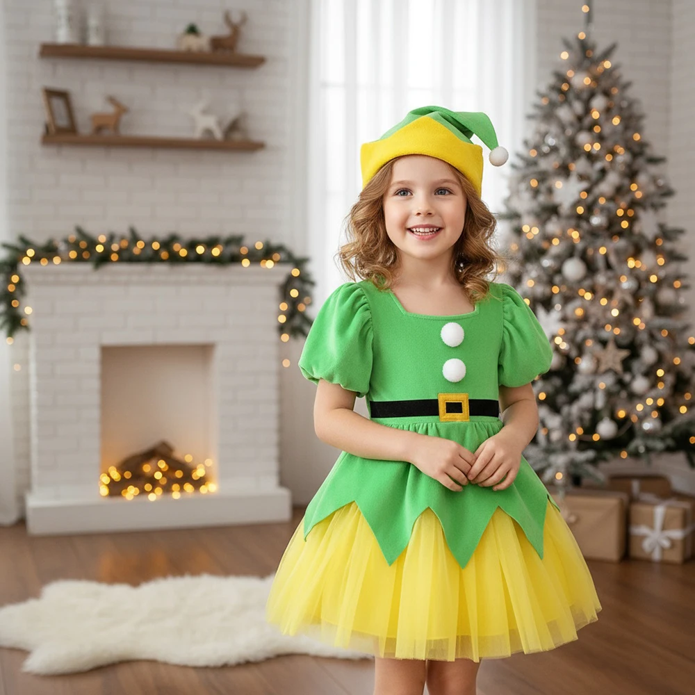 

Girls Dresses Elf Costume – Christmas Holiday Dress with Tulle Hem + Matching Santa Hat, Kids Girls Dress for 1-6 Years