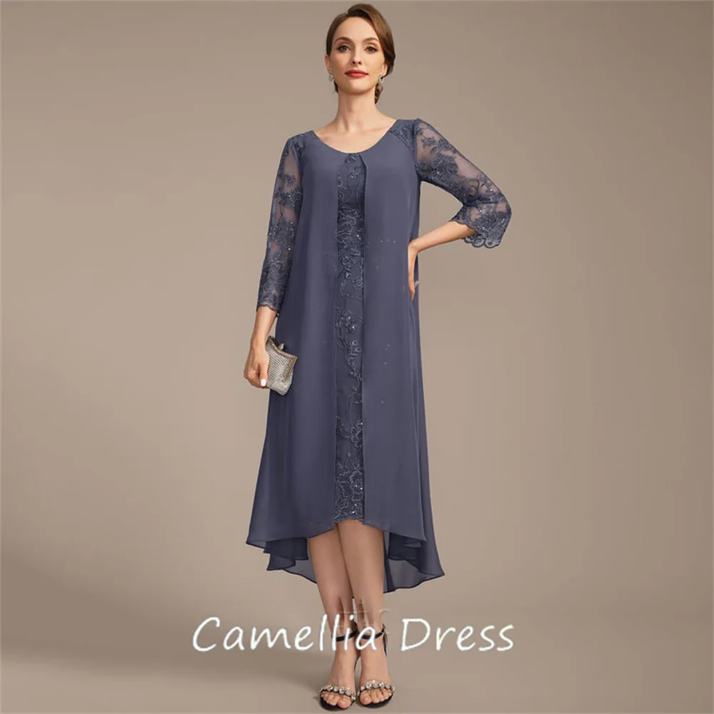 Nieuwe Ronde Hals Moeder Van De Bruid Jurk Schede Asymmetrische Chiffon Kant Formele Jurken Vestidos Mae Da Noiva Casamentos