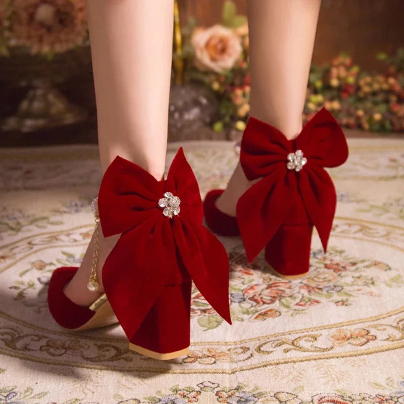 Luxury Pearl Chain Burgundy Red Suede Pumps Women Summer 2026 Elegant Red Velvet Bowknot Party Shoes Woman Chinese Wedding Shoes