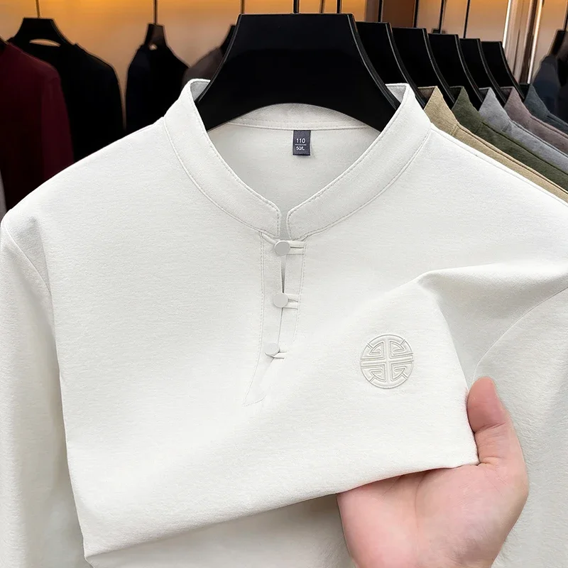 Spring Fall Men Casual Long Sleeve Tee Stand Collar Button Placket Chest Embossed Pattern Soft Comfortable Top