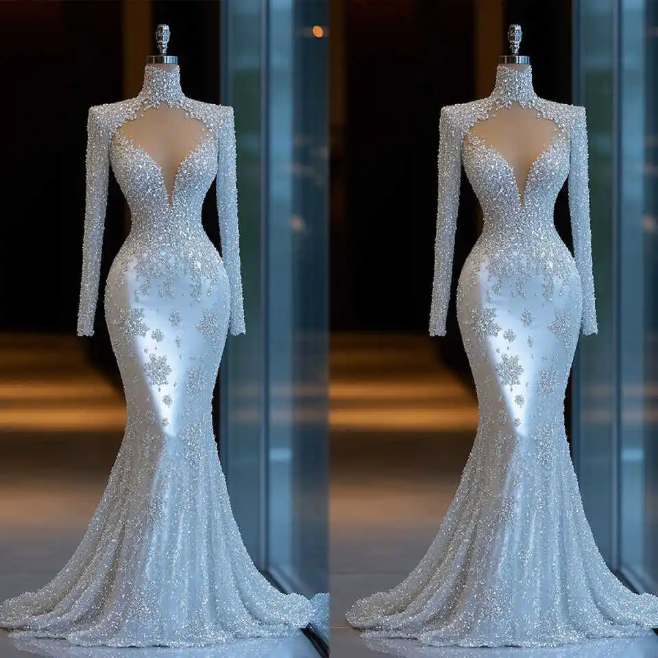 Graceful Blue Mermaid Evening Dress With V-Neck Lace Sequins Princess Full Sleeve Customized Vestidos De Novia