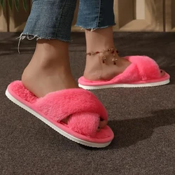 Winter New Leisure Fashion Round Head Solid Color Sweet Woman Slippers Flat Comfortable Suede Sponge Bottom Cotton Slippers