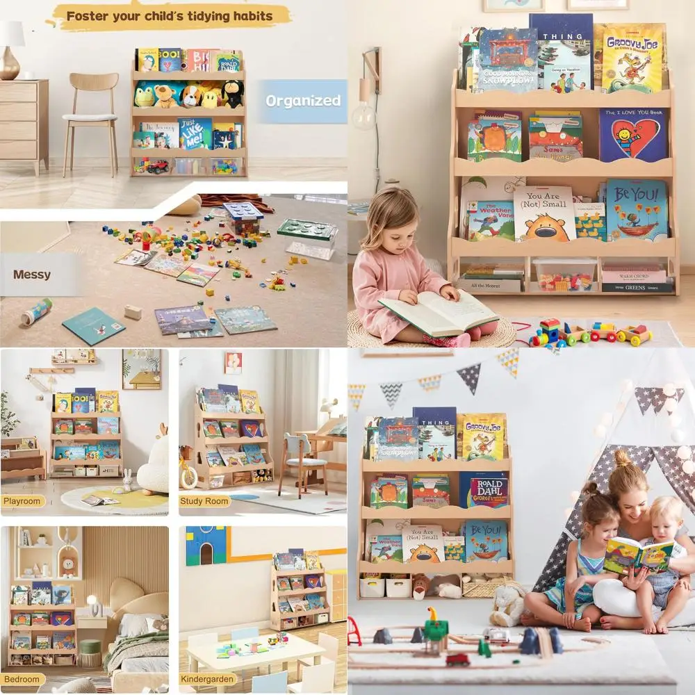 

Wooden Kids Bookshelf, Book Shelf for Kids Rooms w/Scalloped Edges, Durable Childrens Bookshelf with 3 Cube Bins for Books & Toy