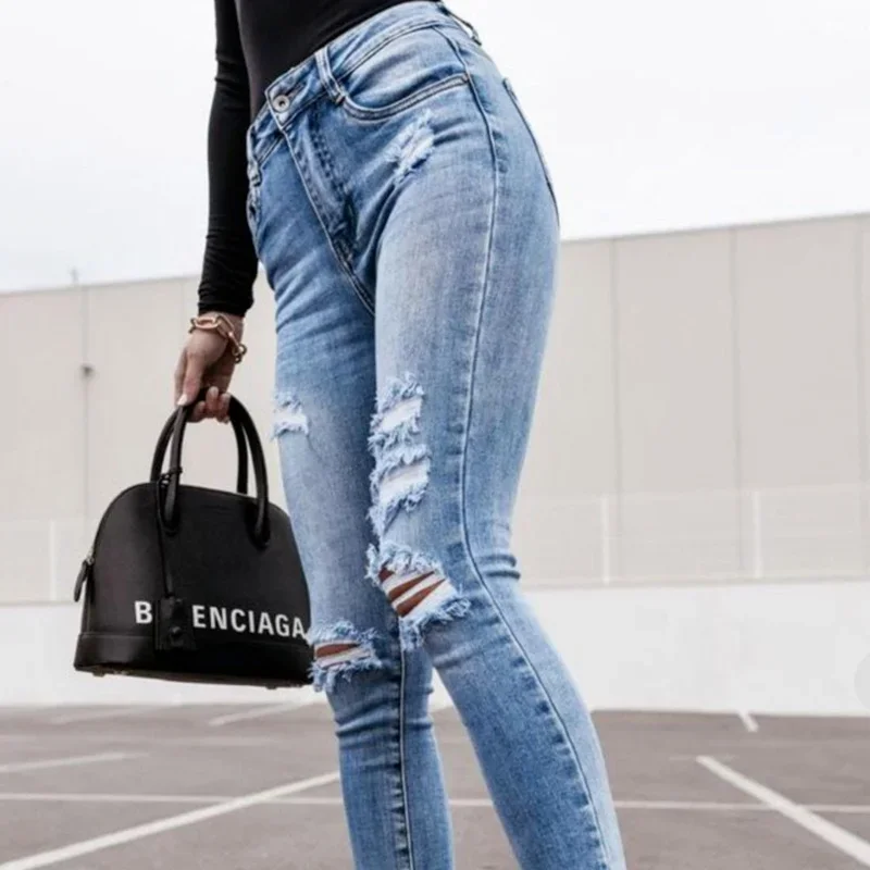 Women High Waist Pocket Elastic Denim Pants 2024 Spring Slim All-match Vintage Jeans Classic Ripped Hole Button Trousers Popular