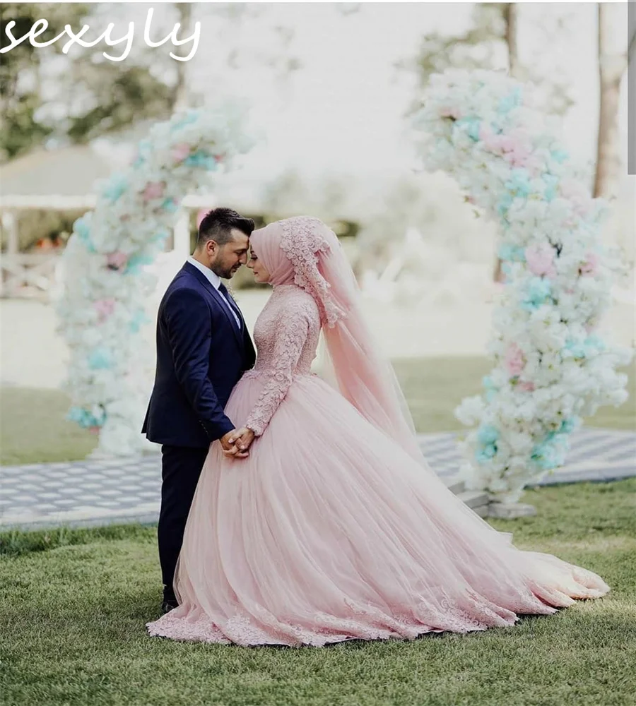 Robe de Mariée Musulmane Rose de Luxe, Col Haut, Manches sulf, Boule en Dentelle, Quelle que soit la Mariée, Tulle, Dentelle, Patients de Pays Personnalisés