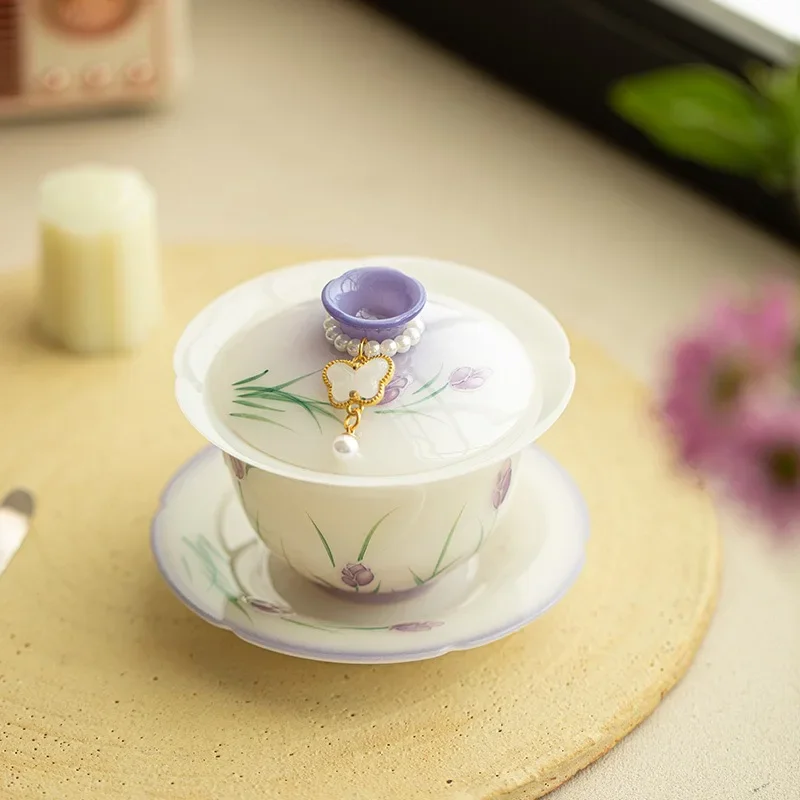 Ice Suet Jade Porcelain Jade Hand-painted Tulip Cover Bowl Sancai Cover Bowl Girls Tea Bowl Ceramic Kung Fu TeaSet Tea Tableware