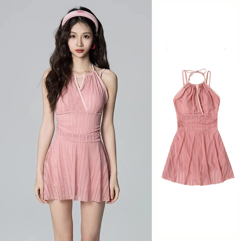 

Fashion Korean One-Piece Bikinis for Women Solid Summer Slim High Waist Swimsuit Suit Sheath Dress Beach Swimwear Swimdress