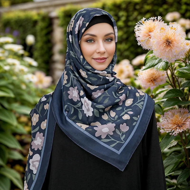 45 Colors Malaysia Tudung Bawal Flower Print Hijab Headscarf Premium Cotton Voile Soft Fashion Muslim Square Scarf 110*110cm