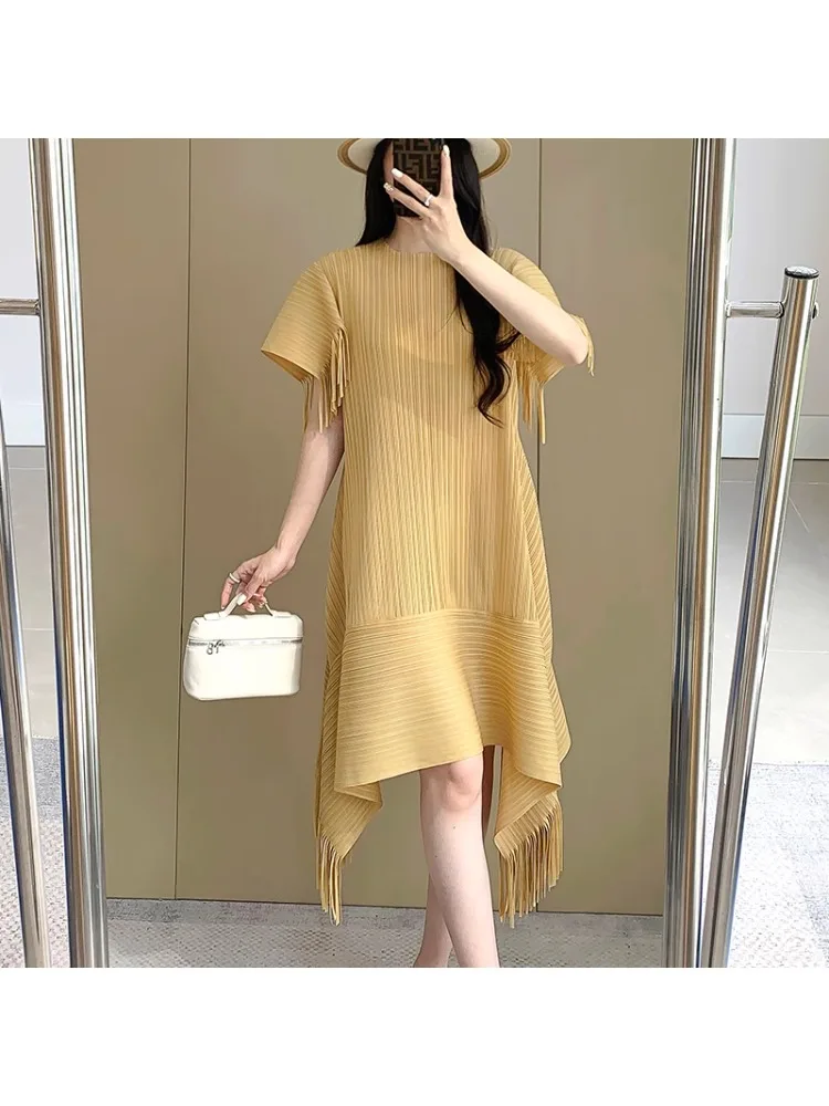 

Miyake Pleated Plus Size Fringe Dress Solid Color Simple Loose Summer Versatile Commuter Maxi Dresses for Women