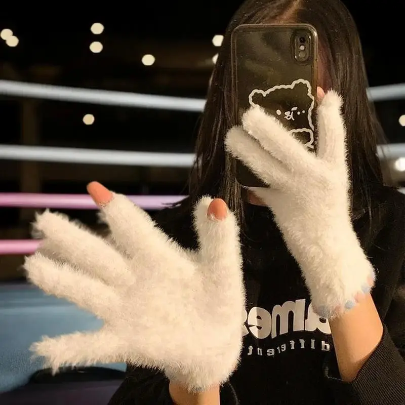 قفازات لطيفة مفتوحة الأصابع تعمل باللمس من القطيفة بخمسة أصابع للنساء في الشتاء، مخملية دافئة وسميكة لطلاب ركوب الدراجات #4