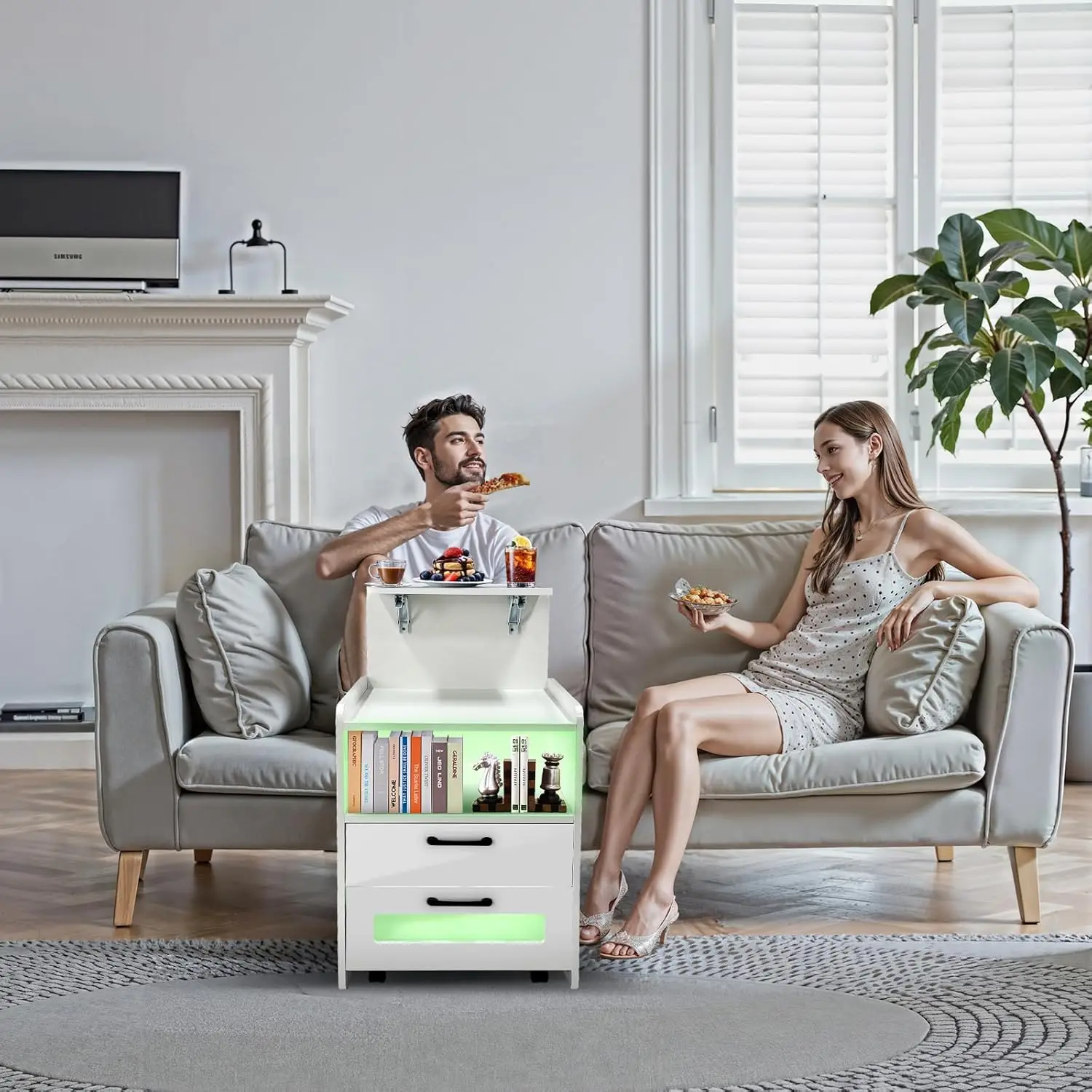 حامل ليلي قابل للتعديل مع طاولة لاب توب قابلة للطي ، حامل بجانب السرير مع عجلات مخفية ، مصابيح ليد ، منفذ شريط طاقة ، منفذ