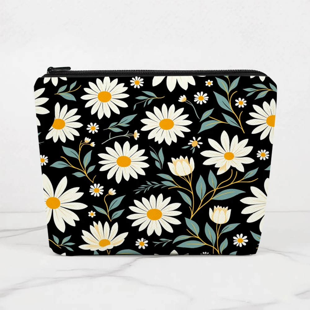 Daisy Flowers Black Background Pattern Makeup Bags for Girls Cosmetic Pouch Toiletry Bag Pencil Case Travel Storage
