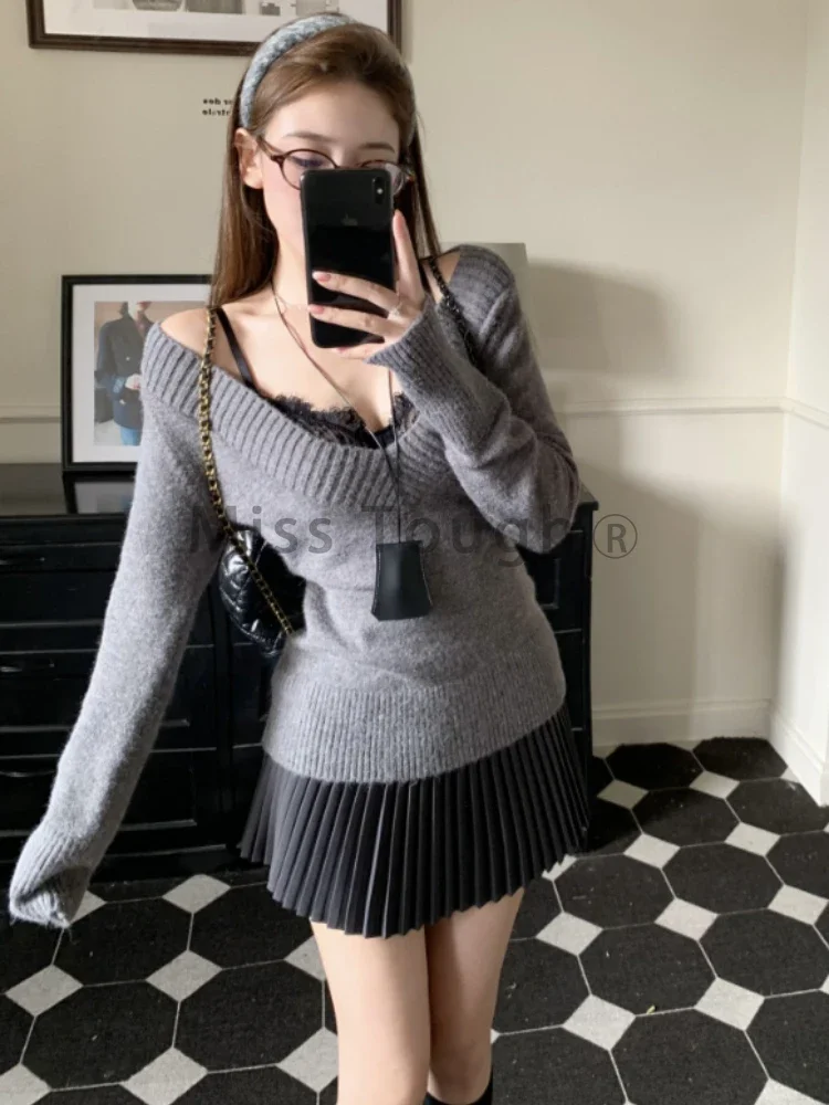 Winter Vintage Chic Knit V-neck Sweater Women Design Retro Lace Slim Sling Vest Female + Solid High Waist Ruffle Skirt Suit New