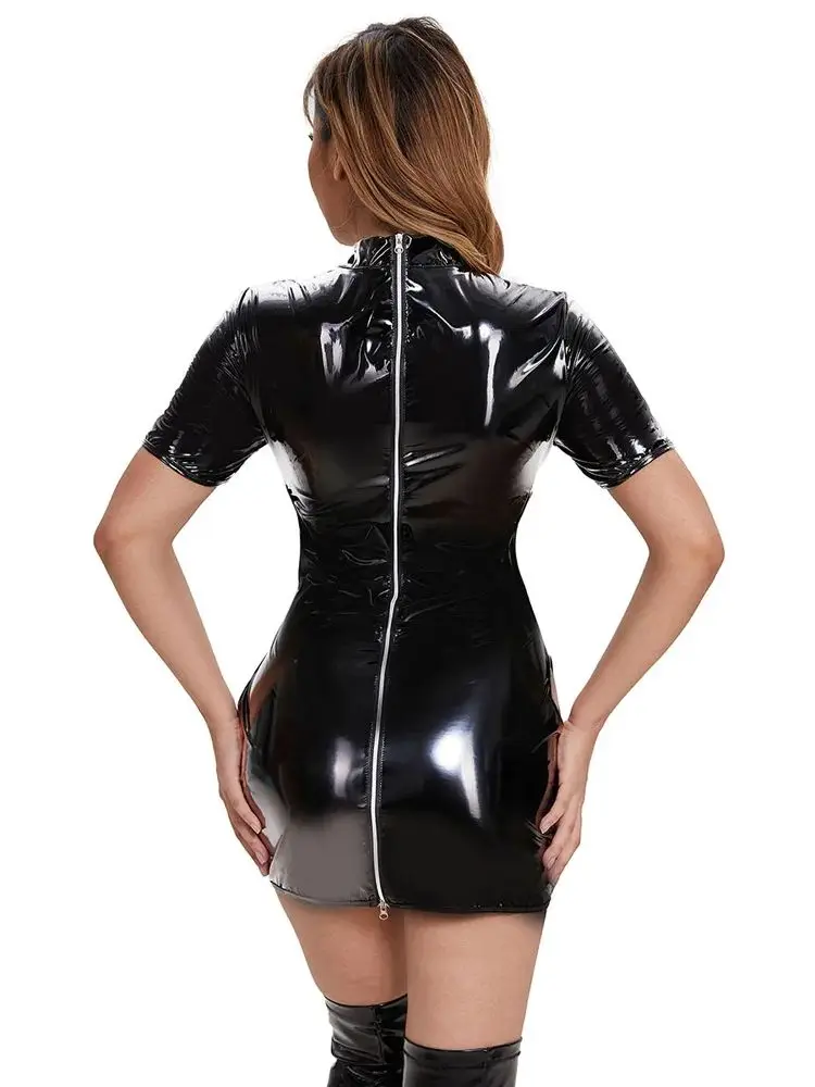 

S-4XL Wet Look PVC Short Sleeve Dress Hollow Out Back Zipper Shiny PU Leather Vestido Tights Package Hip Minifalda Sexy Clubwear