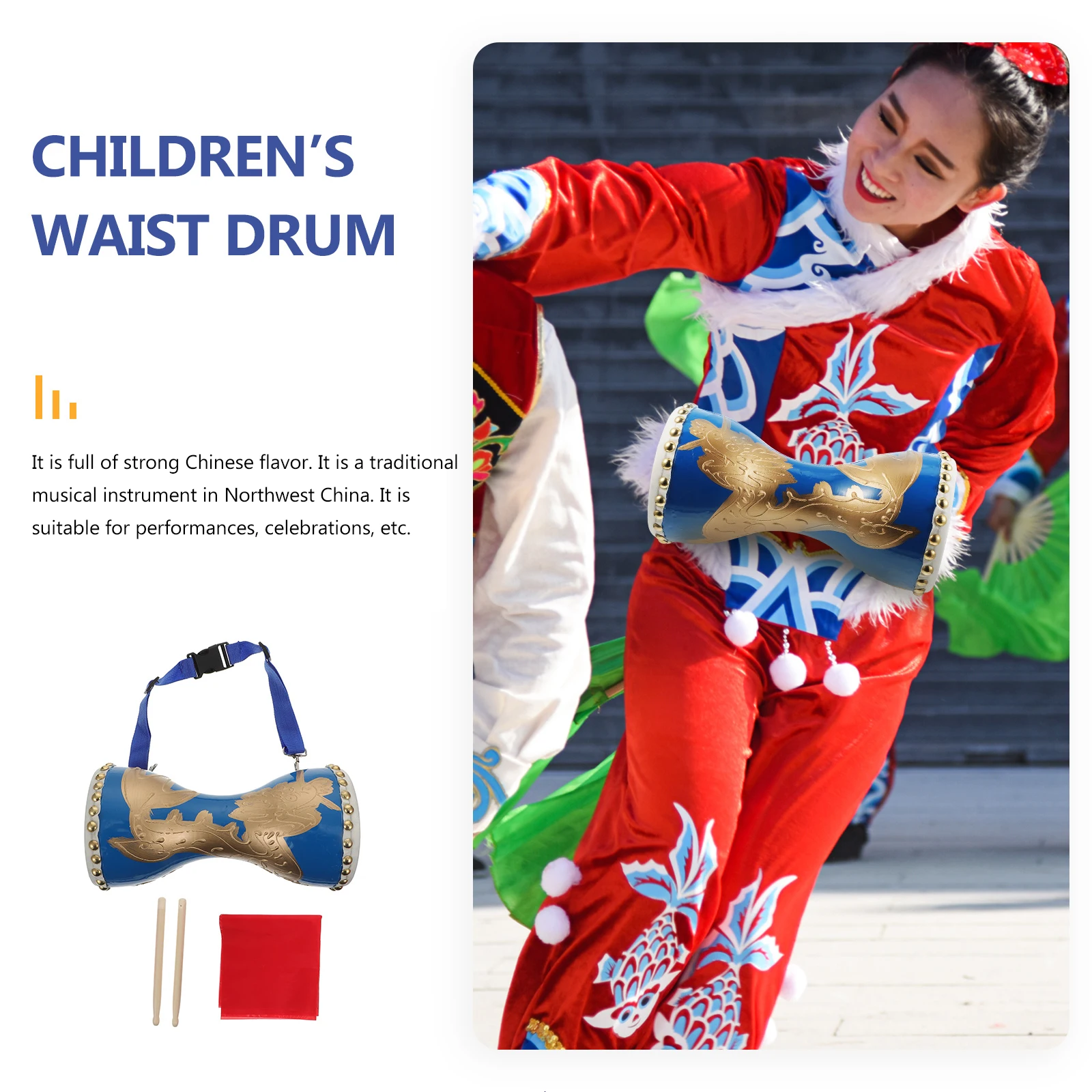 

1 set Adjustable Strap Fitness Hand Drum Cowhide Durable Traditional Chinese Waist Drum Portable Folk Musical Instrument