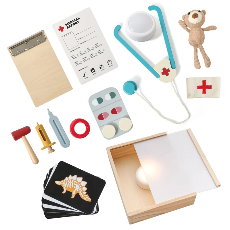 El conjunto médico de simulación Montessori está completo con una jeringa de termómetro de estetoscopio y otros artículos, el diseño es mini y lindo