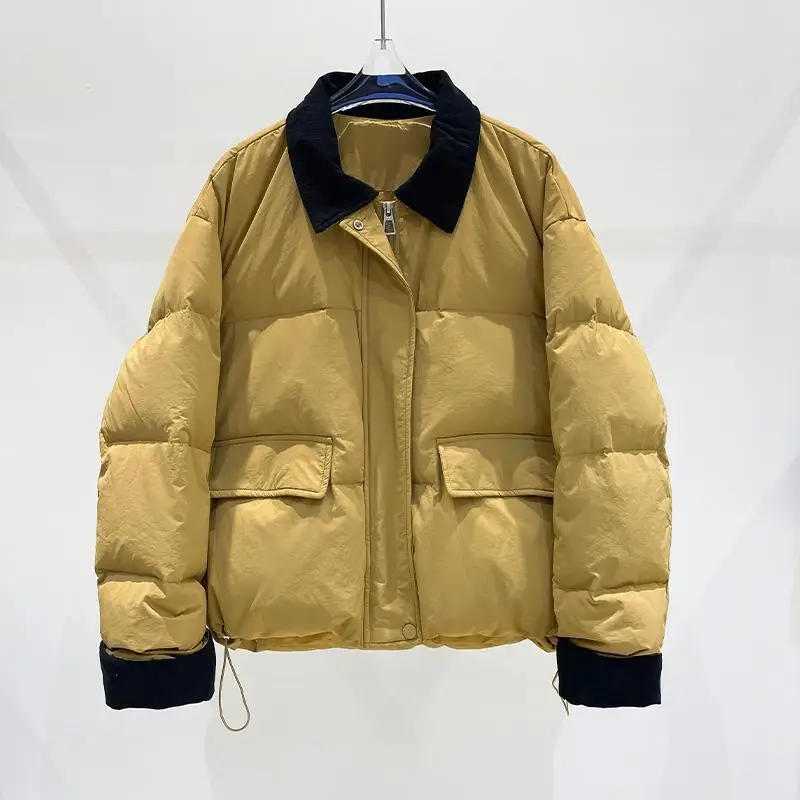 겨울 신상 여성 다운 재킷 통근용 배색 배색 칼라 화이트 덕다운 재킷