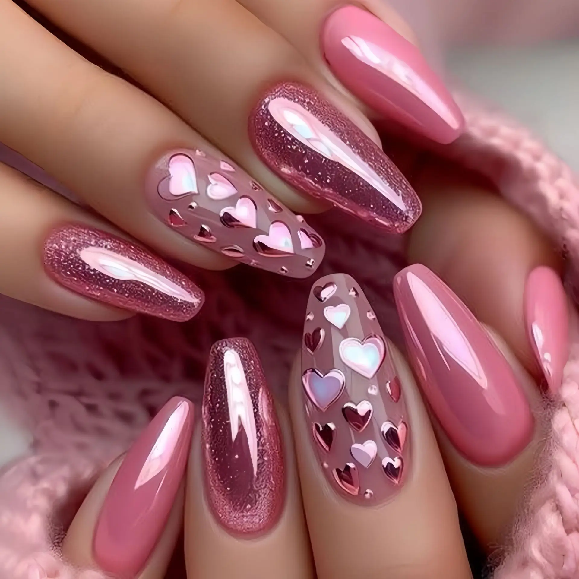 Medium long fake nails Pink blue heart design for wedding Valentine's Day party Ballet square nail tips press on false nail