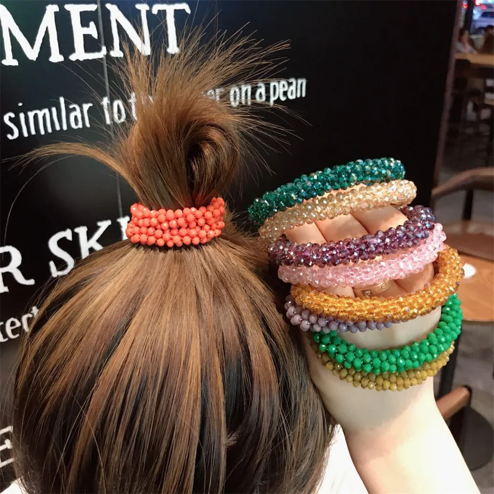 Cuerda para el cabello con cuentas de cristal para mujer, coleteros elásticos para el cabello, diadema de goma con cuentas, accesorios para el