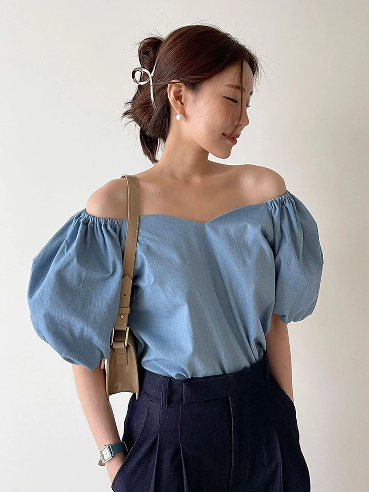 Two-Way Wear oulder Bared Bubble Sve irt Women's Faion Korean Sle Commute Straight Cut ort Sve Pure Color Top