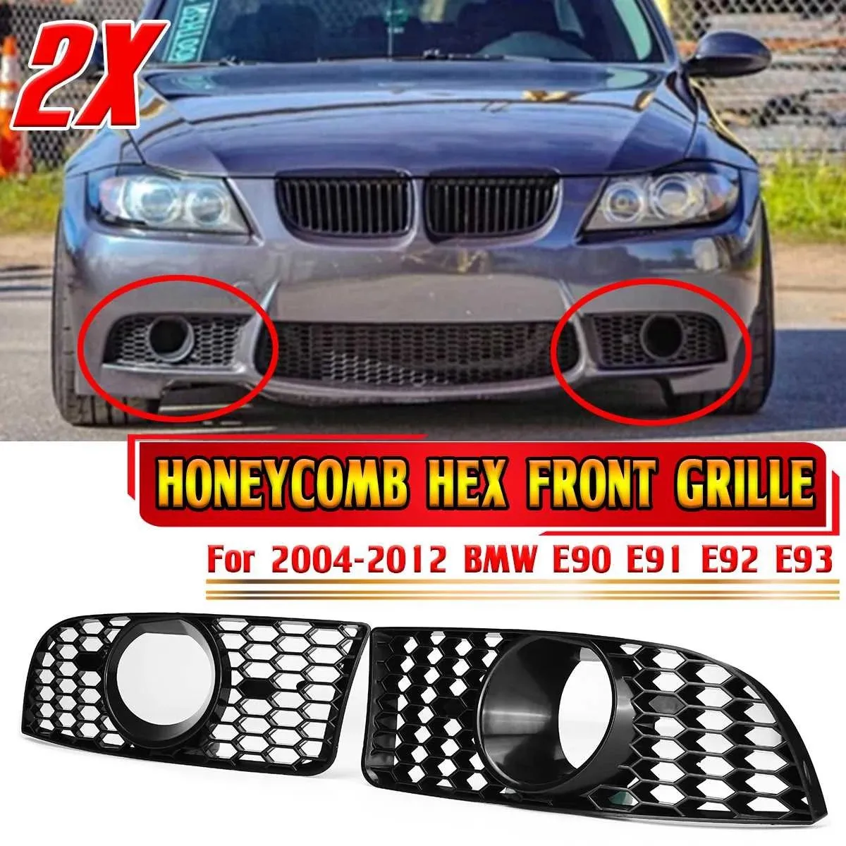 M3 Style Car Front Bumper Fog Light Grille HONEYCOMB HEX Grill Fog Lamp Cover Hoods for BMW E90 E91 E92 E93 2004-2012