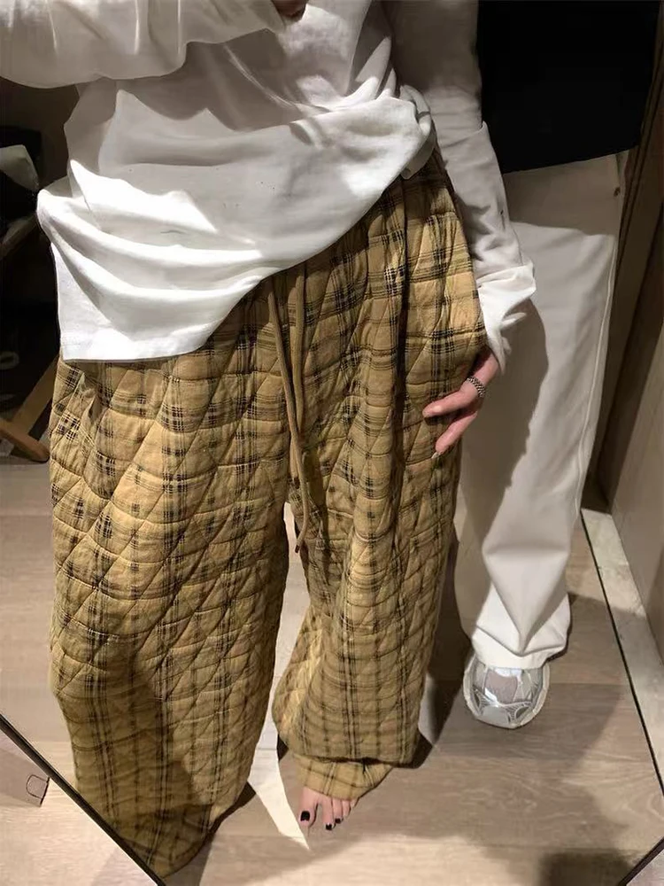 Vintage Plaid Wide Leg Pants Women Y2K Winter Thick Loose Drawstring Argyle Jogging Korean High Waist Streetwear Casual Trousers