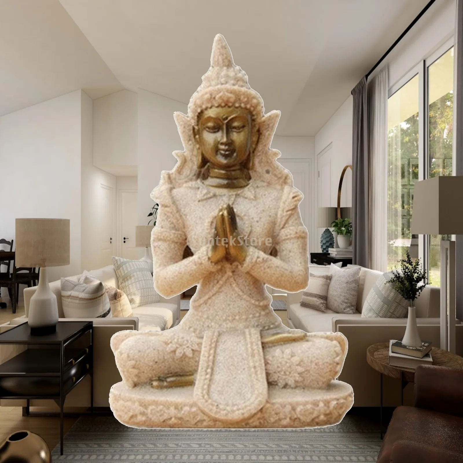 Gold Resin Buddha Statue Detailed Seated Buddha Figurine Sculpture Serene Peaceful for Desktop, Shelf