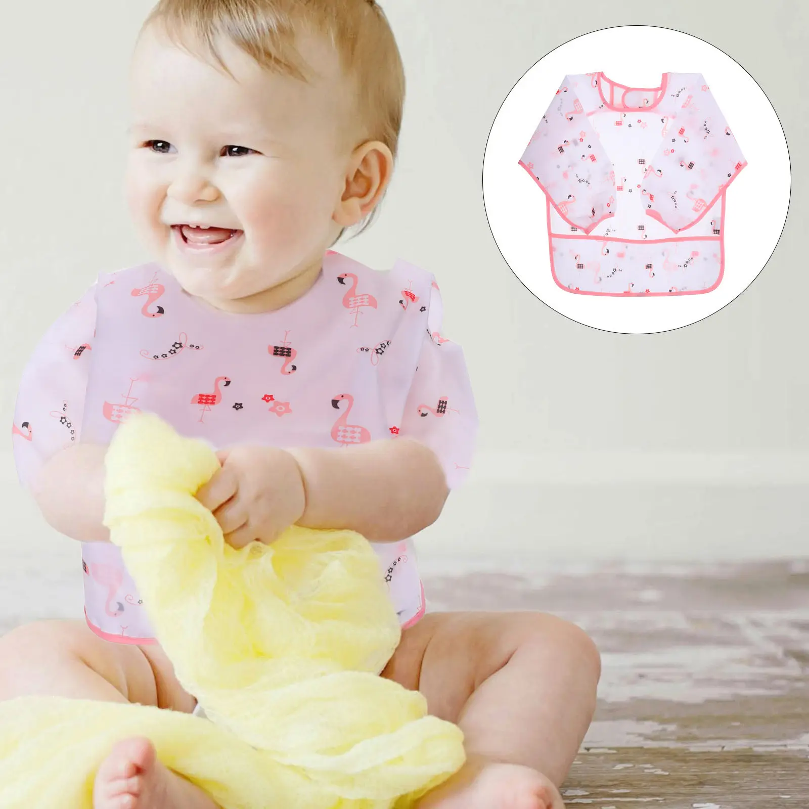

Kids Waterproof Polyester Long Sleeve Cartoon Flamingo Aprons for Painting Eating Reusable Easy Clean Baby Smock Toddler Art