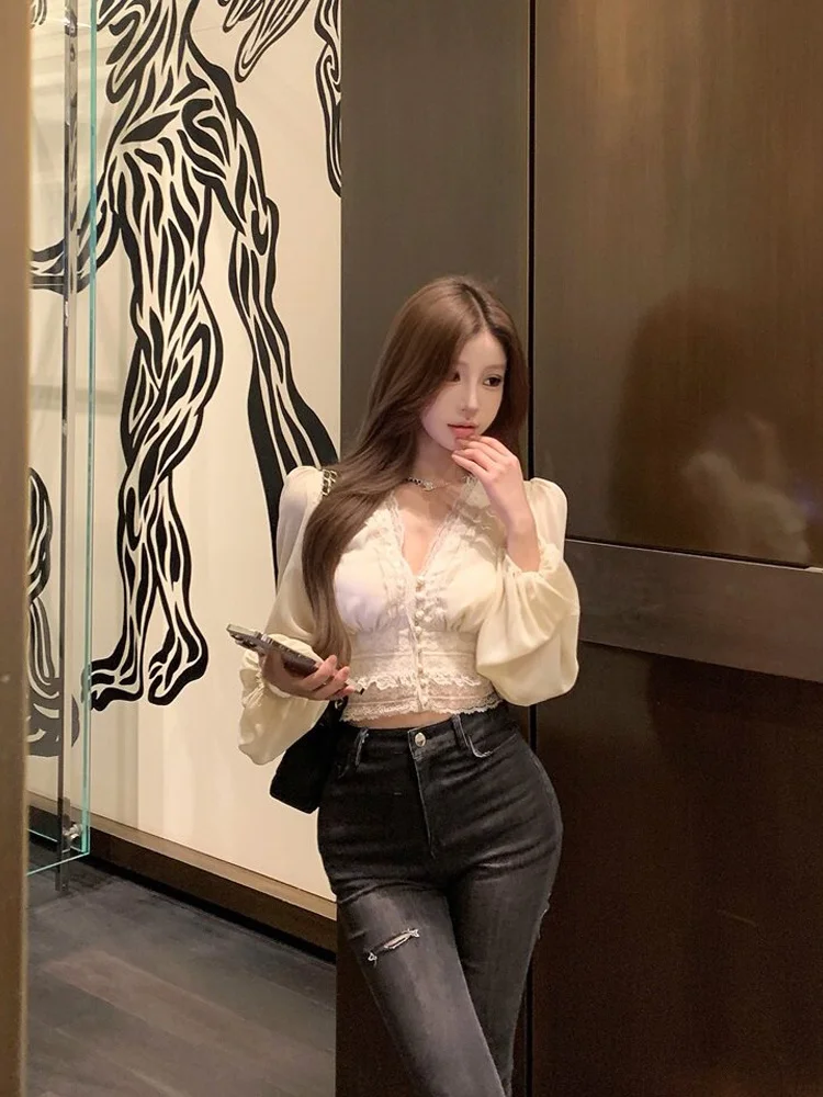 

Женский топ Ele V-Neck с длинным рукавом из кружевного шифона, весна 2026, с эффектом похудения, с завышенной талией, модный французский стиль