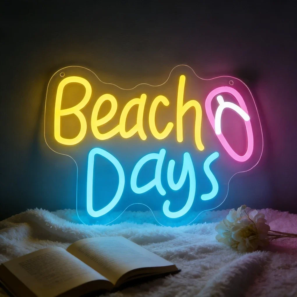 Beach Days Neon Sign Flip Flop LED Wall Art Acrylic USB Powered Dimmable Light Decor for Summer Home Living Room