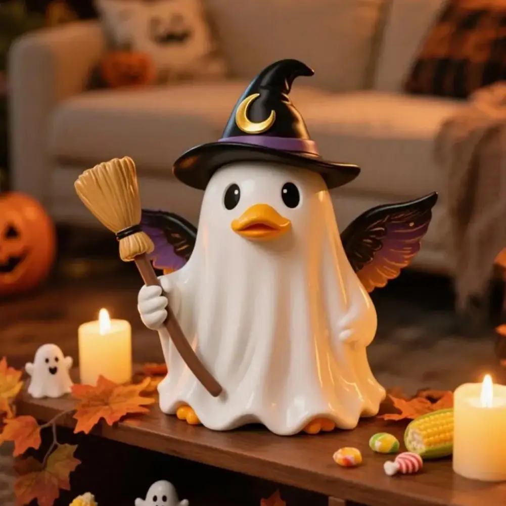 Halloween Decor Spooky Halloween Witch Ghost Figurine with Candy Corn Pumpkin Decor Ghost Duck Resin Statue Festive for Home