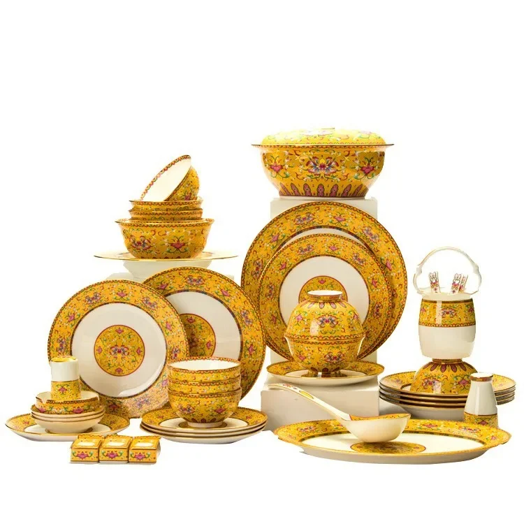 Dishes and dishes set, household Jingdezhen high-end enamel tableware, Chinese court light luxury bone china tableware