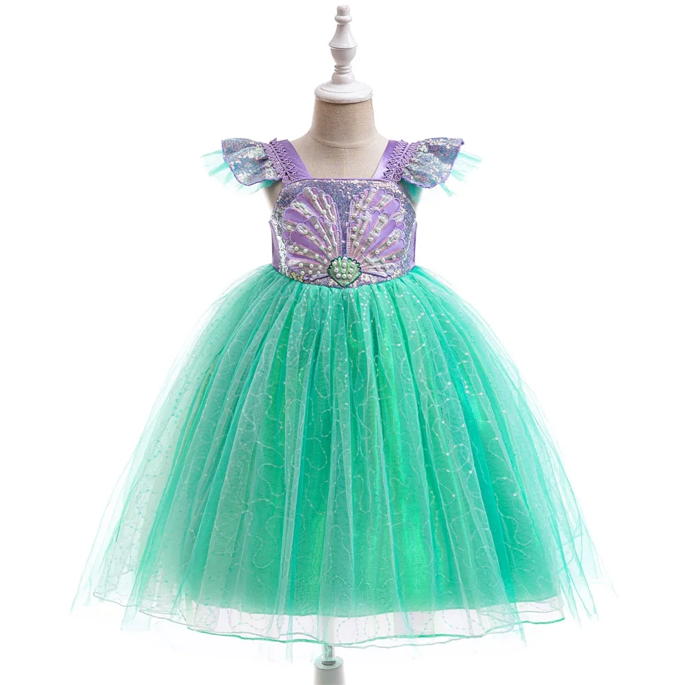 Little Mermaid Sets Cosplay Party Dress For Girl Kids Ariel Princess Gown Girls Beading Sequin Shining Dresses Children Costumes