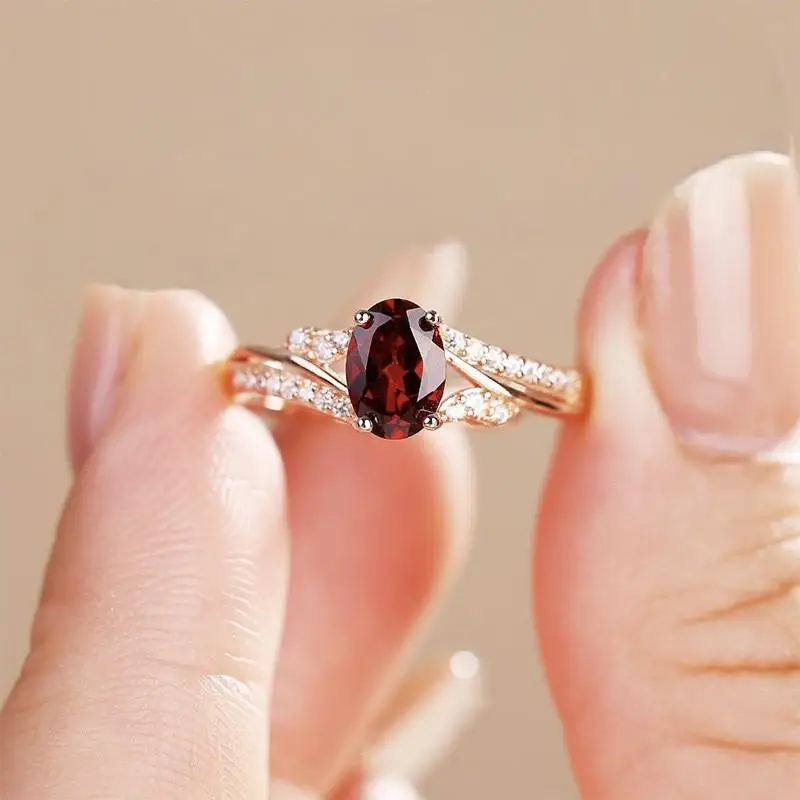 Elegant Women Ruby Zircon Ring Shiny Sparkle Anti-fade Adjustable Band for Engagement Promise Party Anniversary Gift