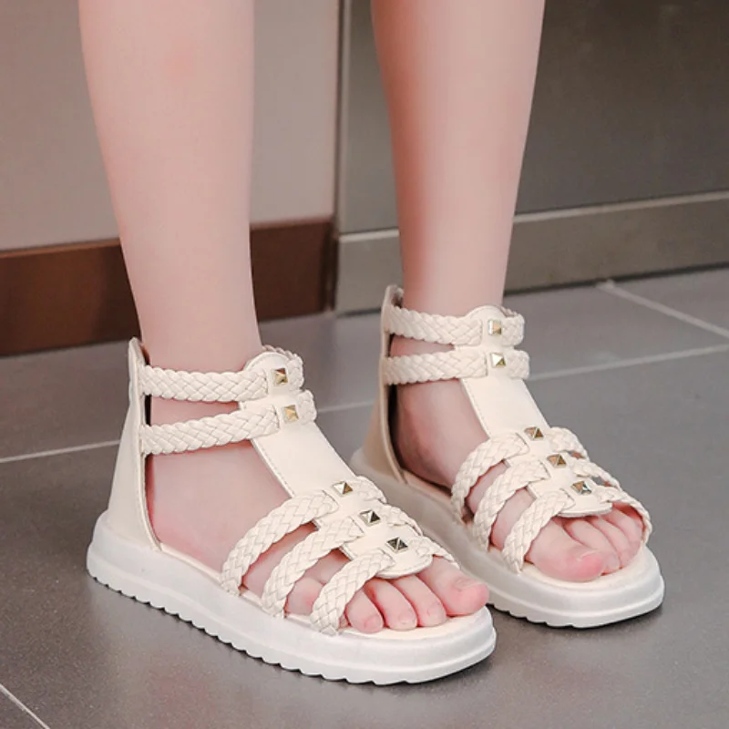 Sandalias de verano para niñas, zapatos romanos de tejido plano, antideslizantes, versátiles, de Color sólido, estilo coreano, de PU, novedad de 2023